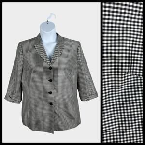 Le Suit Black White Gingham Silk Blazer 3/4 Sleeve Size 16 1X Vintage Classic